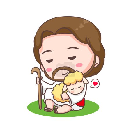 Illustration for Cute Jesus Christ and the sleeping lamp sheep cartoon character. Christian religion concept design. Hand drawn Chibi character clip art sticker Isolated white background. Vector art illustration - Royalty Free Image