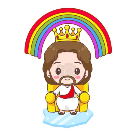 Illustration for Cute Jesus Christ cartoon character sitting on throne and crystal with rainbow. Christian religion concept design. Hand drawn Chibi clip art sticker Isolated white background. Vector art illustration - Royalty Free Image