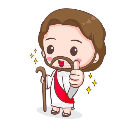 Illustration for Cute Jesus Christ cartoon character showing thumb up. Christian religion concept design. Hand drawn Chibi character clip art sticker Isolated white background. Vector art illustration - Royalty Free Image