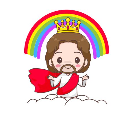 Illustration for Cute Jesus Christ cartoon character second coming on clouds with rainbow and golden crown. Christian religion concept design. Hand drawn Isolated white background. Vector art illustration - Royalty Free Image