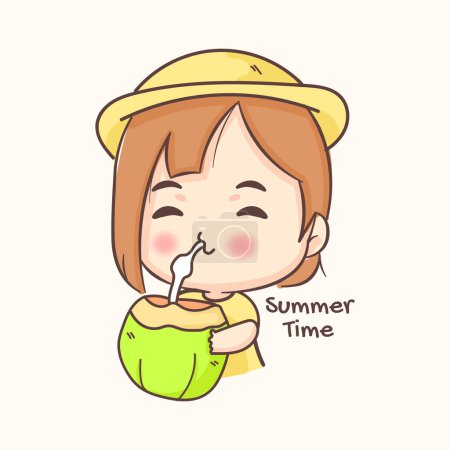Illustration for Cute girl drinking coconut. Summer holidays and vacation. Chibi cartoon character. Flat vector illustration - Royalty Free Image