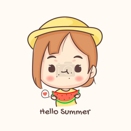 Illustration for Cute girl eating watermelon. Summer holidays and vacation. Chibi cartoon character. Flat vector illustration - Royalty Free Image