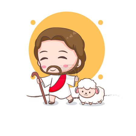 Illustration for Cute Jesus and the sheep . Chibi cartoon character isolated white background. - Royalty Free Image