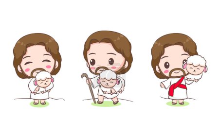 Illustration for Set collection Cute Jesus and the sheep . Chibi cartoon character isolated white background. - Royalty Free Image
