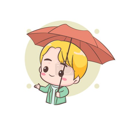 Ilustración de Lindo chico sosteniendo paraguas. Chibi personaje de dibujos animados. Ilustración de diseño plano vectorial - Imagen libre de derechos