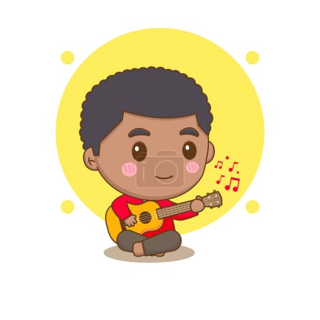 Téléchargez les illustrations : Joli garçon jouant de la guitare. Chibi personnage de dessin animé - en licence libre de droit