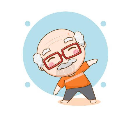 Téléchargez les illustrations : Heureux grand-père pratiquant le yoga. Un vieil homme qui fait du gymnastique. Chibi personnage de dessin animé. Illustration d'art vectoriel - en licence libre de droit