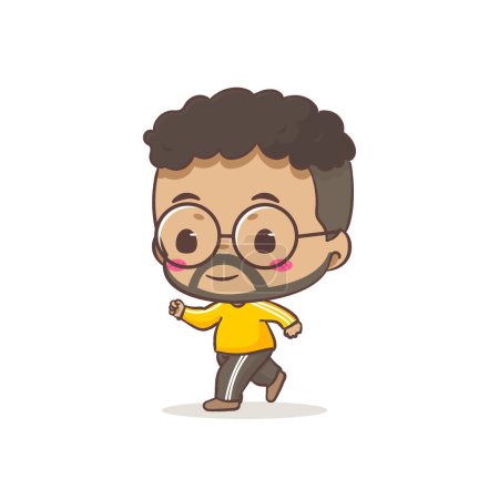 Illustration for Cute father jogging cartoon character. African man wearing glasses concept design. Flat chibi cartoon style. Vector art illustration. Isolated white background - Royalty Free Image