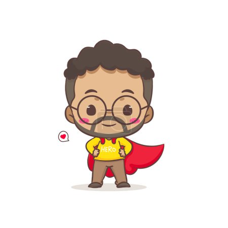 Illustration for Cute father as hero with red cloak cartoon character. African man wearing glasses concept design. Flat chibi cartoon style. Vector art illustration. Isolated white background - Royalty Free Image