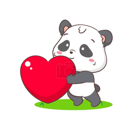 Téléchargez les illustrations : Mignon panda avec un grand cœur d'amour. Adorable concept animal kawaii. Un personnage de dessin animé plat. Fond blanc isolé. Illustration d'art vectoriel - en licence libre de droit