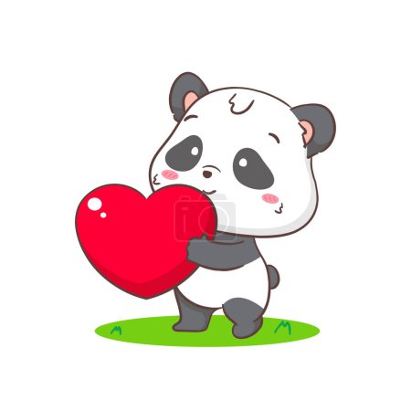 Téléchargez les illustrations : Mignon panda avec un grand cœur d'amour. Adorable concept animal kawaii. Un personnage de dessin animé plat. Fond blanc isolé. Illustration d'art vectoriel - en licence libre de droit