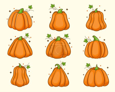 Illustration for Cartoon pumpkins, halloween squash, fall harvest gourds. Autumn thanksgiving and halloween pumpkins collection - Royalty Free Image