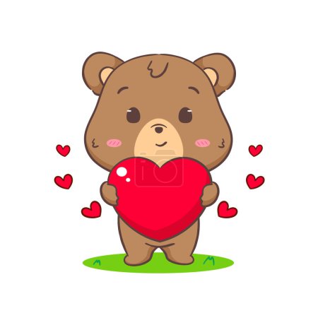 Téléchargez les illustrations : Mignon ours brun tenant coeur d'amour. Kawaii adorable animal et conception de la Saint-Valentin concept. Fond blanc isolé. Illustration d'art vectoriel. - en licence libre de droit