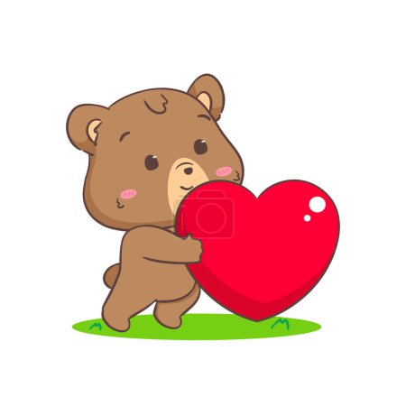 Illustration for Cute brown bear holding love heart. Kawaii adorable animal and valentines day concept design. Isolated white background. Vector art illustration. - Royalty Free Image