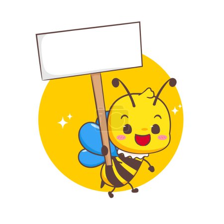 Illustration for Cute bee holding empty board cartoon character. Kawaii adorable animal concept design. Isolated white background. Vector illustration. - Royalty Free Image
