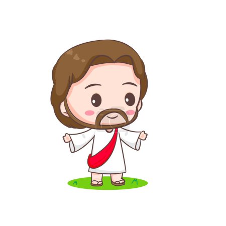 Illustration for Cute Jesus Christ cartoon character. Christian religion concept design. Hand drawn Chibi character clip art sticker Isolated white background. Vector art illustration - Royalty Free Image