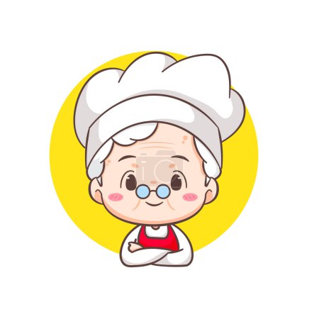 Ilustración de Linda abuela chef de dibujos animados con tablero vacío. Abuela cocina logo vector de arte. People Food Icon Concept (en inglés). Restaurante y logotipo culinario casero - Imagen libre de derechos