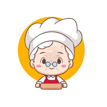 Ilustración de Linda abuela como Baker personaje de dibujos animados Rolling Dough. Diseño del concepto de profesión. Ilustración plana adorable vector chibi. Fondo blanco aislado - Imagen libre de derechos