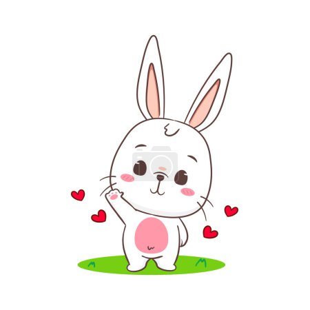 Illustration for Cute rabbit cartoon greeting pose waving hand. Adorable bunny character. Kawaii animal concept design. isolated white background. Mascot logo icon vector illustration - Royalty Free Image