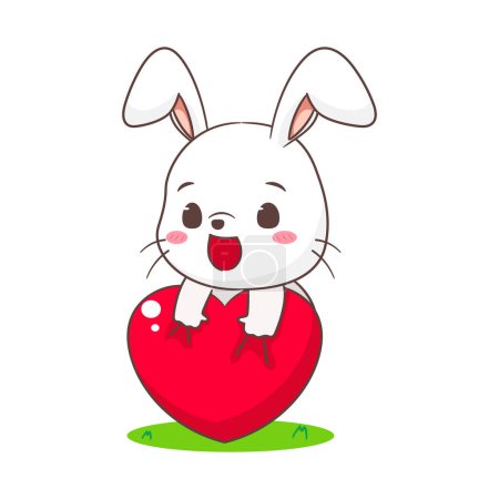 Téléchargez les illustrations : Mignon lapin dessin animé tenant coeur d'amour. Adorable personnage de lapin. Conception d'animaux Kawaii. fond blanc isolé. Illustration vectorielle du logo de la mascotte - en licence libre de droit