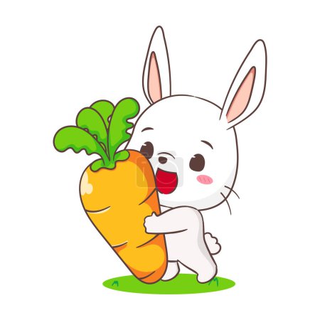 Téléchargez les illustrations : Mignon dessin animé de lapin à la carotte. Adorable personnage de lapin. Conception d'animaux Kawaii. fond blanc isolé. Illustration vectorielle du logo de la mascotte - en licence libre de droit