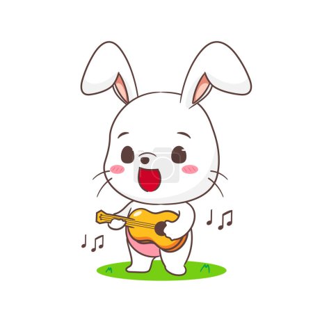 Téléchargez les illustrations : Mignon lapin dessin animé jouant de la guitare. Adorable personnage de lapin. Conception d'animaux Kawaii. fond blanc isolé. Illustration vectorielle du logo de la mascotte - en licence libre de droit