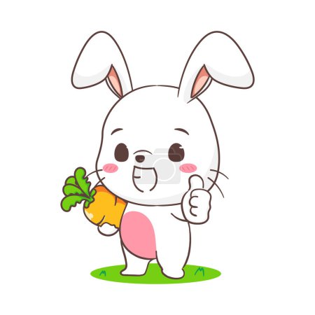 Ilustración de Lindo conejo de dibujos animados sosteniendo la zanahoria y posando el pulgar hacia arriba. Adorable personaje de conejito. Kawaii animal concepto de diseño. fondo blanco aislado. Ilustración del icono del logotipo de la mascota - Imagen libre de derechos