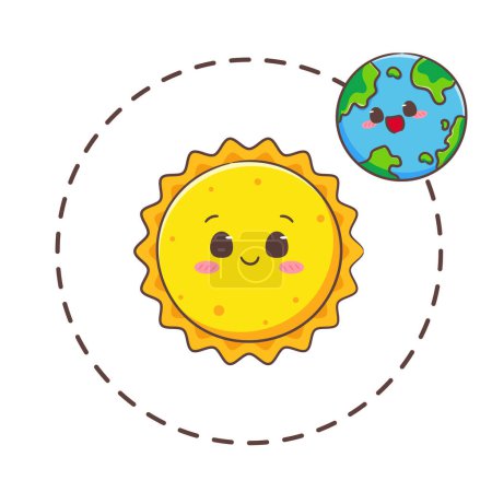 Illustration for Cute earth cartoon orbiting around Sun. World concept design. Isolated white background. Globe flat vector illustration. - Royalty Free Image