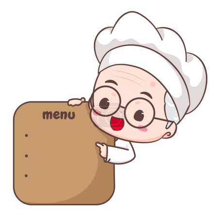 Ilustración de Lindo abuelo chef apuntando menú de dibujos animados. Abuelo cocina logo vector de arte. People Food Icon Concept (en inglés). Restaurante y logotipo culinario casero - Imagen libre de derechos
