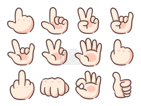 Illustration for Set hand sign icon cartoon vector illustration. Tap, click, victory, v, rock, metal, ok, fist, punch, middle finger and thumb up. Chibi Hand sign concept design. Hand drawn flat style isolated - Royalty Free Image