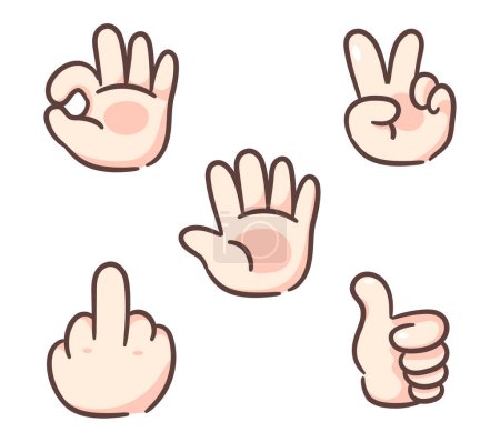 Illustration for Set hand sign icon cartoon vector illustration. Peace, victory, v, bye, ok, middle finger and thumb up. Chibi Hand sign concept design. Hand drawn flat style. Isolated backgroud - Royalty Free Image