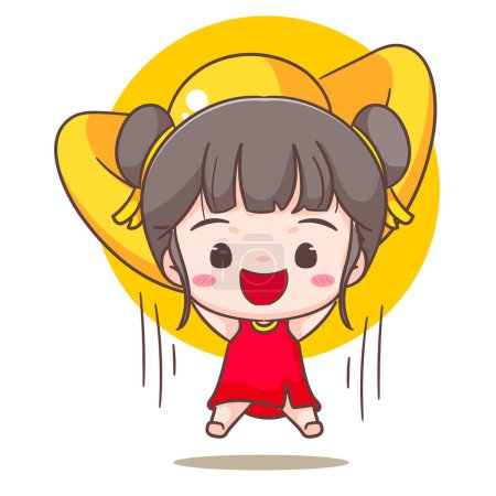 Illustration for Cute girl holding gold ingot celebrate Chinese new year cartoon vector illustration. Chinese year concept design. Adorable chibi hand drawn. Isolated white background. - Royalty Free Image