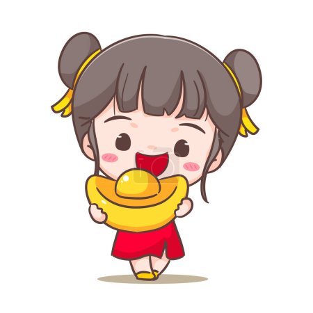 Illustration for Cute girl holding gold ingot celebrate Chinese new year cartoon vector illustration. Chinese year concept design. Adorable chibi hand drawn. Isolated white background. - Royalty Free Image