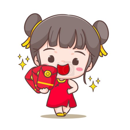 Ilustración de Linda chica celebrar chino año nuevo ilustración vector de dibujos animados. Diseño de concepto de año chino. Adorable chibi dibujado a mano. Fondo blanco aislado. - Imagen libre de derechos