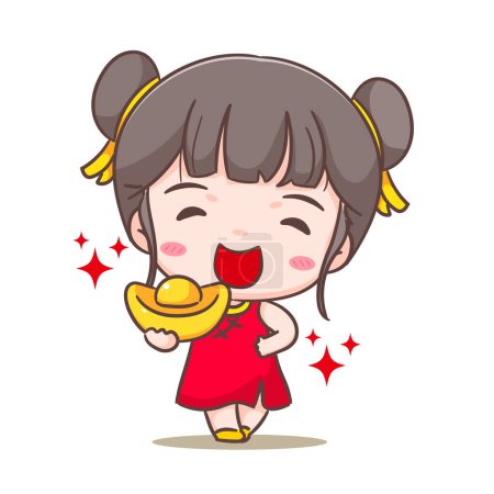 Ilustración de Linda chica sosteniendo lingote de oro celebrar año nuevo chino ilustración vector de dibujos animados. Diseño de concepto de año chino. Adorable chibi dibujado a mano. Fondo blanco aislado. - Imagen libre de derechos