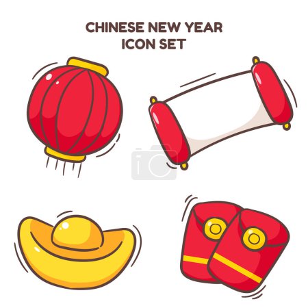Ilustración de Año Nuevo chino elemento conjunto icono vector. lingote de oro, linterna, comida, sobre rojo. Dibujado a mano estilo plano de dibujos animados. Fondo blanco aislado - Imagen libre de derechos