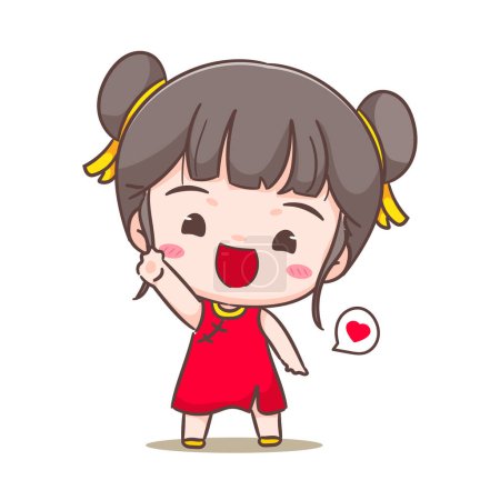 Ilustración de Linda chica celebrar chino año nuevo ilustración vector de dibujos animados. Diseño de concepto de año chino. Adorable chibi dibujado a mano. Fondo blanco aislado. - Imagen libre de derechos