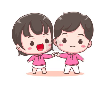 Illustration for Cute lover couple show heart hand gesture. Boy and girl demonstrate love sign share affection and care. Valentines day and relationships concept design. Chibi cartoon style vector illustration - Royalty Free Image
