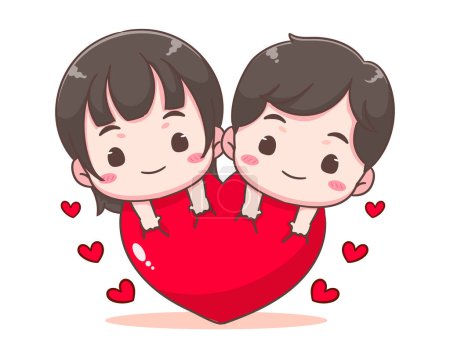 Illustration for Cute lover couple hugging big love. Boy and girl hugging heart. Valentines day and relationships concept design. Chibi cartoon style vector illustration - Royalty Free Image