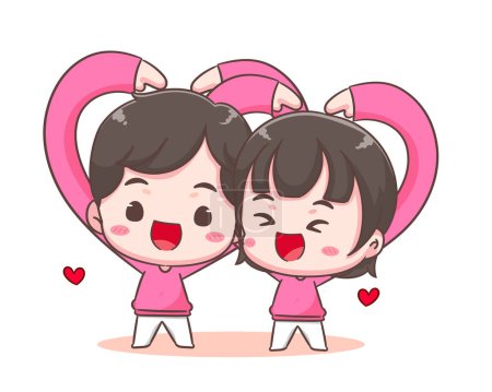 Illustration for Cute lover couple show heart hand gesture. Boy and girl demonstrate love sign share affection and care. Valentines day and relationships concept design. Chibi cartoon style vector illustration - Royalty Free Image