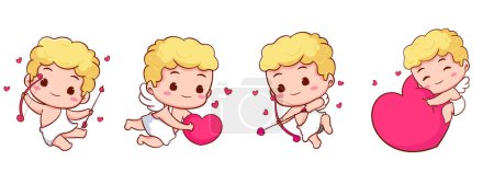 Illustration for Set cute Adorable Cupid cartoon character. Amur babies, little angels or god eros. Valentines day concept design. Adorable angel in love. Kawaii chibi vector character. Isolated white background. - Royalty Free Image