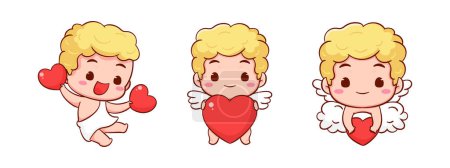 Illustration for Set cute Adorable Cupid cartoon character. Amur babies, little angels or god eros. Valentines day concept design. Adorable angel in love. Kawaii chibi vector character. Isolated white background. - Royalty Free Image