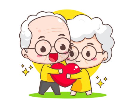 Ilustración de Lindo pareja abuelos abrazando amor corazón. Abuelo y abuela personaje de dibujos animados. Feliz pareja de ancianos. Estilo vector Chibi. Fondo blanco aislado - Imagen libre de derechos