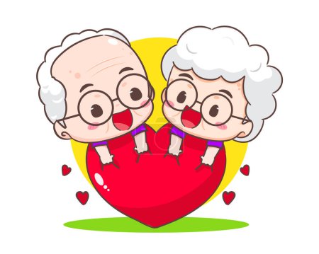 Téléchargez les illustrations : Couple mignon grands-parents embrassant coeur d'amour. Grand-père et grand-mère personnage de dessin animé. Joyeux vieux couple. Style vectoriel Chibi. Fond blanc isolé - en licence libre de droit