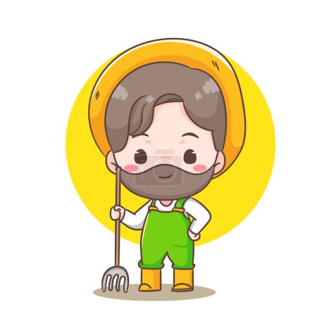 Illustration for Cute farmer holding pitchfork cartoon vector. Farming and agriculture concept design. Chibi style illustration. Isolated white background. Icon logo mascot - Royalty Free Image