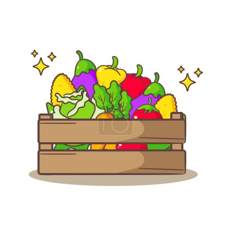 Téléchargez les illustrations : Légumes dans le panier illustration vectorielle dessin animé. Aliments biologiques frais du marché local. Isolé sur fond blanc. - en licence libre de droit