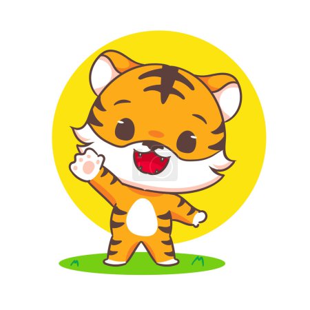 Ilustración de Lindo pequeño tigre ondeando personaje de dibujos animados de mano. Adorable diseño de concepto animal. ilustración de arte vectorial - Imagen libre de derechos