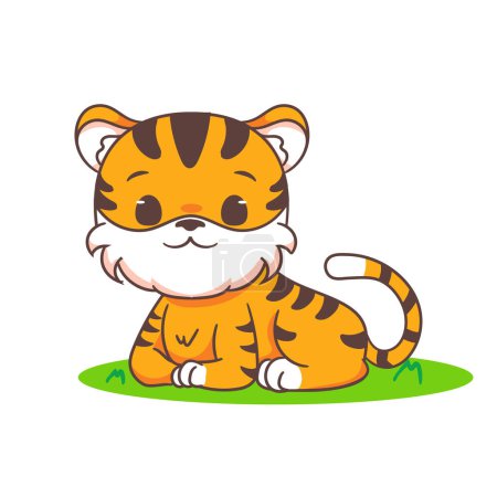 Téléchargez les illustrations : Mignon petit tigre assis personnage de dessin animé. Adorable conception de concept animal. Illustration d'art vectoriel - en licence libre de droit