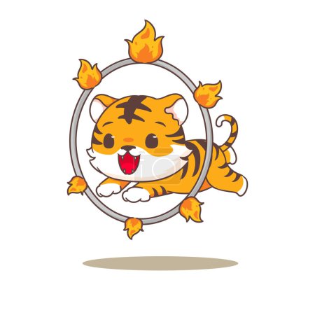 Illustration for Cute little tiger jumping through fire ring cartoon character. Adorable animal concept design. Vector art illustration - Royalty Free Image