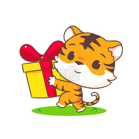 Téléchargez les illustrations : Mignon petit tigre avec boîte cadeau personnage de dessin animé. Adorable conception de concept animal. Illustration d'art vectoriel - en licence libre de droit